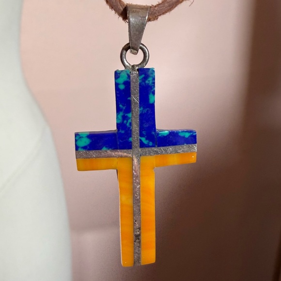 Taxco Mexico Sterling silver Blue Orange Glass Southwestern Cross Pendent - Picture 3 of 16